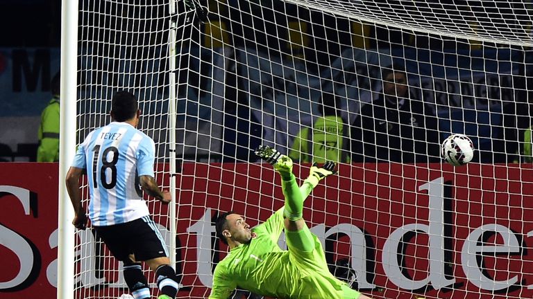 Argentina's forward Carlos Tevez scores his penalty