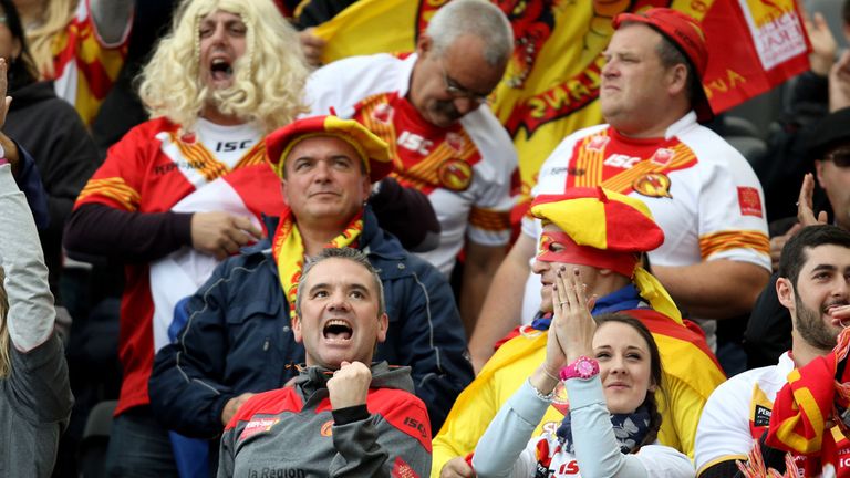 Catalan Dragons's fans celebrate during the Magic Weekend match at St James' Park, Newcastle.