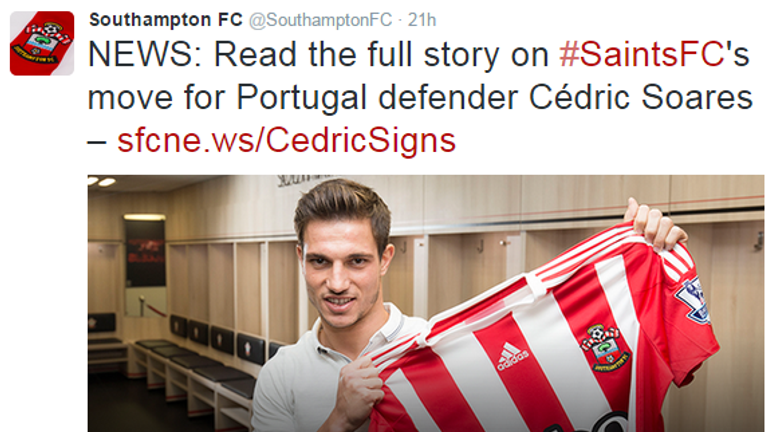Southampton announce the signing of Cedric Soares on Twitter