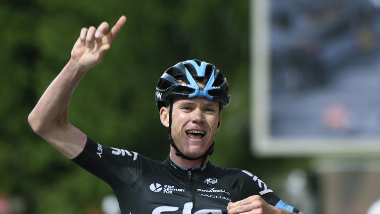 Christopher Froome the finish line at the end of the 156.5 km eighth and last stage of the 67th edition of the Dauphine Criterium 