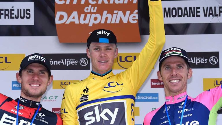 Chris Froome (centre) celebrates Criterium du Dauphine victory with Tejay van Garderen (left) and Rui Costa (right)