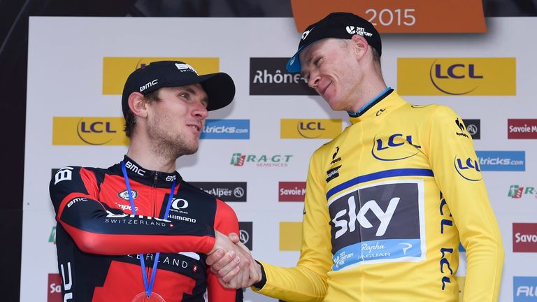 Tejay Van Garderen and Chris Froome shake hands after Froome took the overall win during Stage 8 of the 2015 Dauphine Libere.