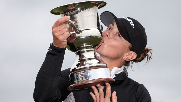 Christel Boeljon of the Netherlands with the spoils of victory after winning the Deloitte Ladies Open in Amsterdam by four shots