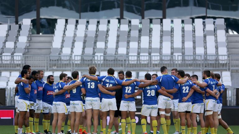 Clermont's players take part in a training session on the eve of the French Top 14 semi-final rugby union match between Clermont and Toulouse.