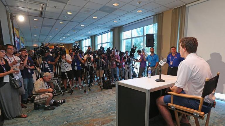 Connor McDavid faces the media ahead of the 2015 NHL Draft