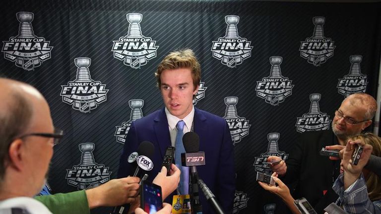 Connor McDavid is interviewed at United Center in Chicago, Illinois