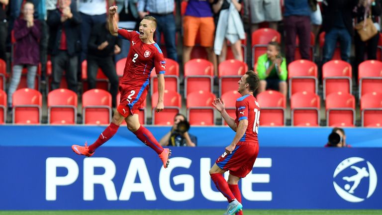 Czech's Pavel Kaderabek (L) jumps as he celebrates his 1-0 goal during the UEFA Euro 2015 U21 football match between the Czech Republic and Denmark.