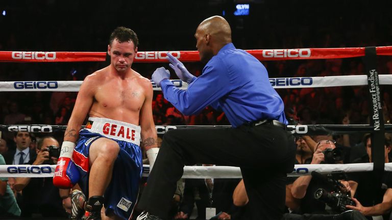 NEW YORK, NY - JUNE 6: Daniel Geale listens to the count from referee Harvey Dock after being knocked down by Miguel Cotto during their WBC middleweight wo