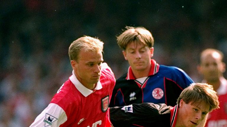 20 Aug 1995:  Dennis Bergkamp of Arsenal gets past Nicky Barmby of Middlesbrough during his FA Carling Premiership debut at Highbury in London.