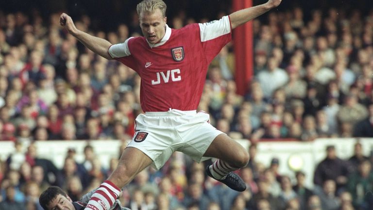 4 Nov 1995:  Dennis Bergkamp of Arsenal in action during an FA Carling Premiership match against Denis Irwin and Manchester United at Highbury.