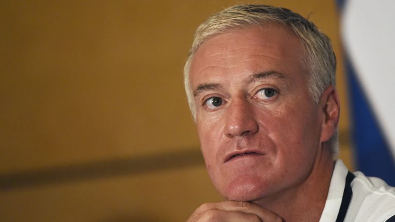 Head coach of the French national football team Didier Deschamps looks on during a press conference in Tirana on June 12, 2015  