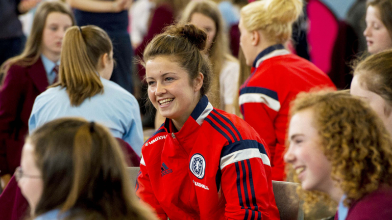 Emma Brownlie chatting with the St Ninian's High School pupils