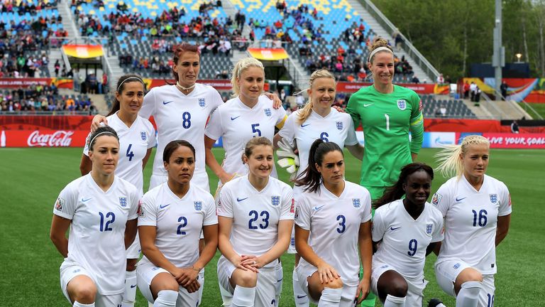 The England team which faced France in the Women's World Cup line up for the camera