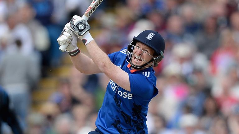 England captain Eoin Morgan hits out for six during the 1st ODI between England and New Zealand
