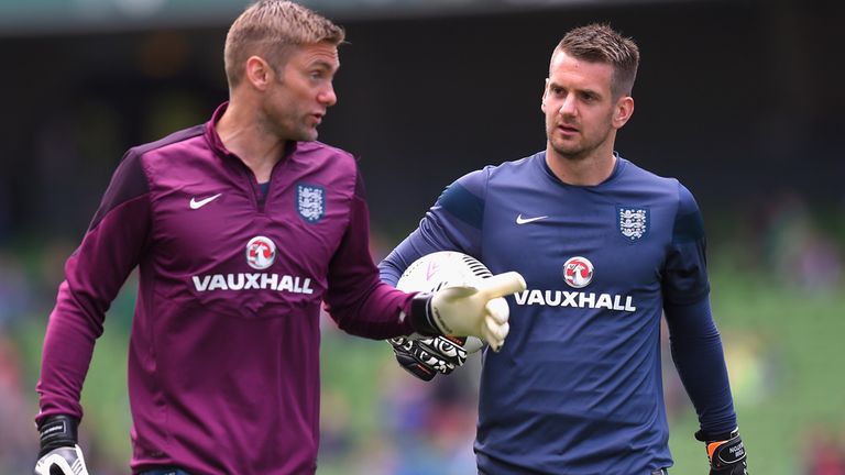 England goalkeepers Robert Green (left) and Tom Heaton chat before kick-off