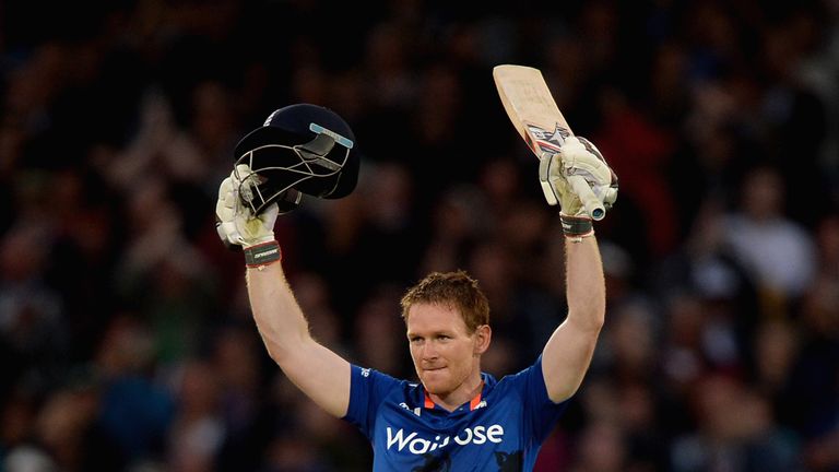 NOTTINGHAM, ENGLAND - JUNE 17:  England captain Eoin Morgan celebrates reaching his century during the 4th ODI Royal London One-Day match between England a