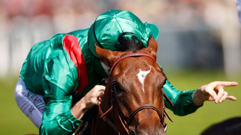 ASCOT, ENGLAND - JUNE 19:  Ervedya ridden by Christophe Soumillon celebrates after winning the Coronation Stakes during Royal Ascot 2015 at Ascot racecours