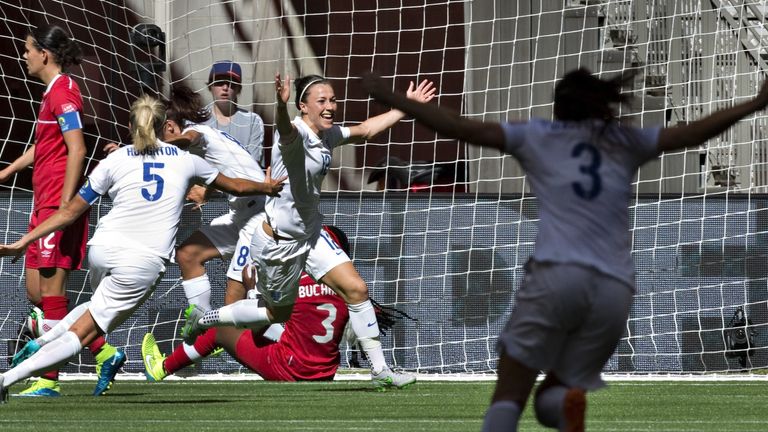 Lucy Bronze celebrates scoring against Canada to set up England's fine win