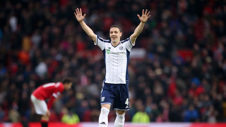 West Bromwich Albion's Chris Baird celebrates victory after the final whistle at Old Trafford