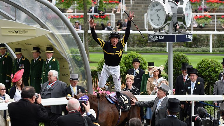 ASCOT, ENGLAND - JUNE 20:  Frankie Dettori riding Undrafted celebrates winning The Diamond Jubilee Stakes during Day 5 of Royal Ascot at Ascot Racecourse o