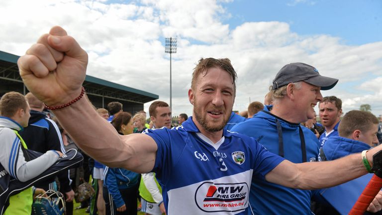 Laois defender Cahir Healy celebrates after their historic win over Offaly