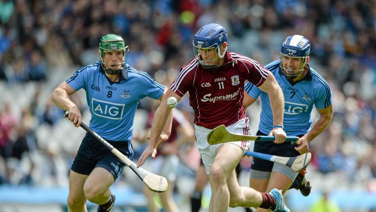 Cyril Donnellan, Galway, in action against Johnny McCaffrey, left, and Conal Keaney, Dublin 2015 Leinster quarter-final