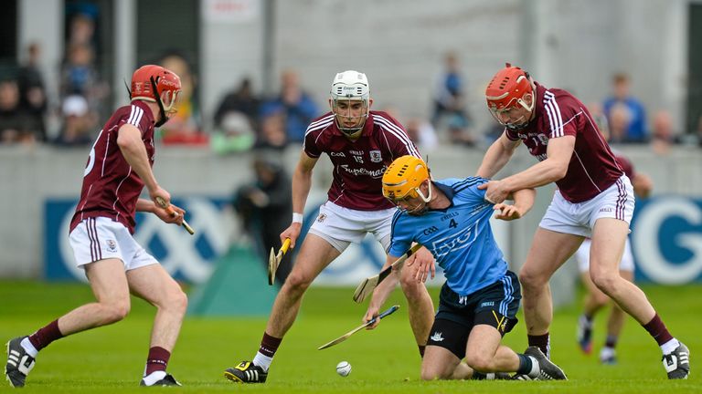 Dublin defender Paul Schutte in action against Galway players Cathal Mannion, Jason Flynn and Joe Canning