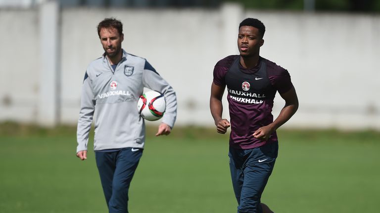 OLOMOUC, CZECH REPUBLIC - JUNE 16: Nathaniel Chalobah looks on with England U21 manager Gareth Southgate during the England U21 training session