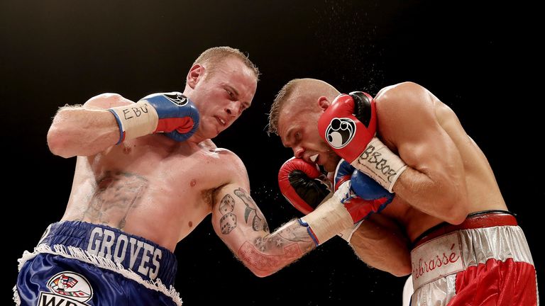 LONDON, ENGLAND - SEPTEMBER 20:  Geroge Groves in action with Christopher Rebrasse during their WBC Final Eliminator & European Super Middleweight bout at 