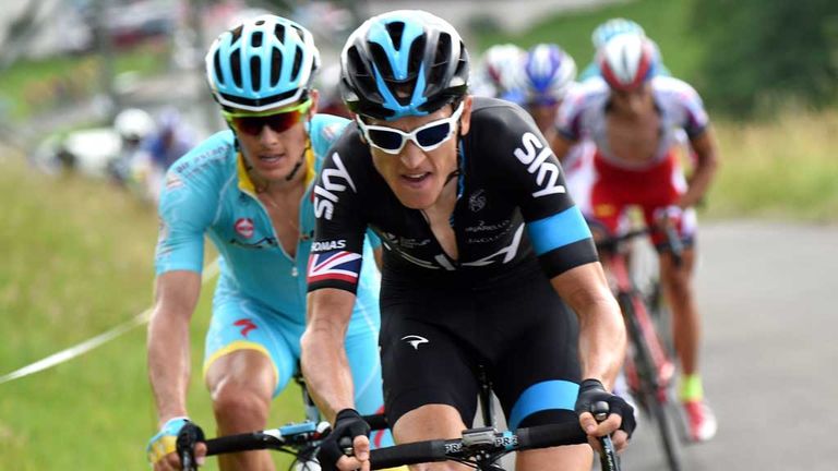 Geraint Thomas goes on the attack during the second stage of the Tour de Suisse