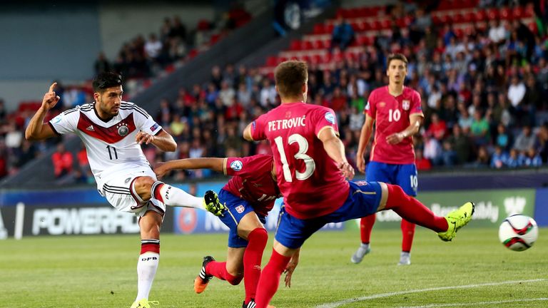 Emre Can  scoring the equalizing goal during the UEFA European Under-21 Group A match between Germany and Serbia.
