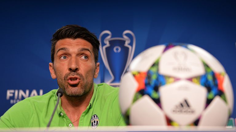 Gianluigi Buffon of Juventus talks during a press conference on the eve of the UEFA Champions League final