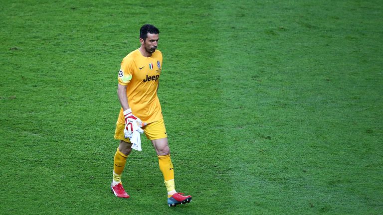 Gianluigi Buffon walks off for half time during the UEFA Champions League Final between Juventus and FC Barcelona