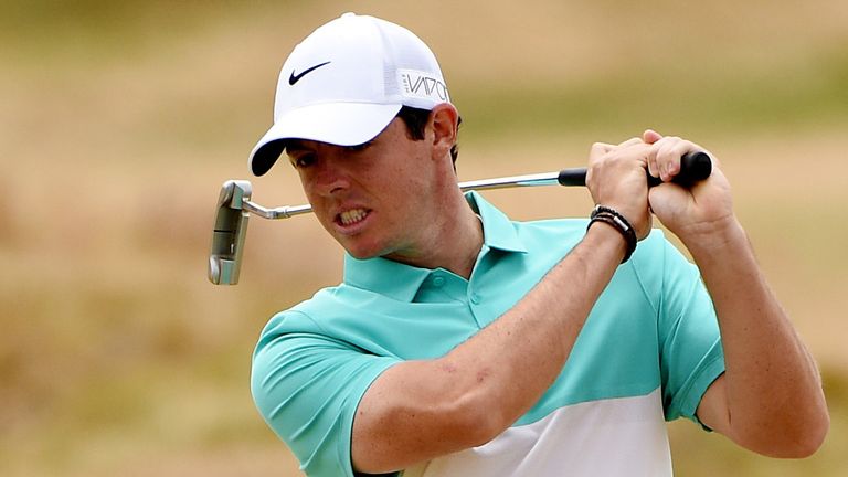 Rory McIlroy of Northern Ireland reacts to a missed putt on the fifth hole during the first round of the 115th US Open