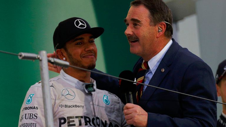 Lewis Hamilton and Nigel Mansell on the podium after October's Japanese GP