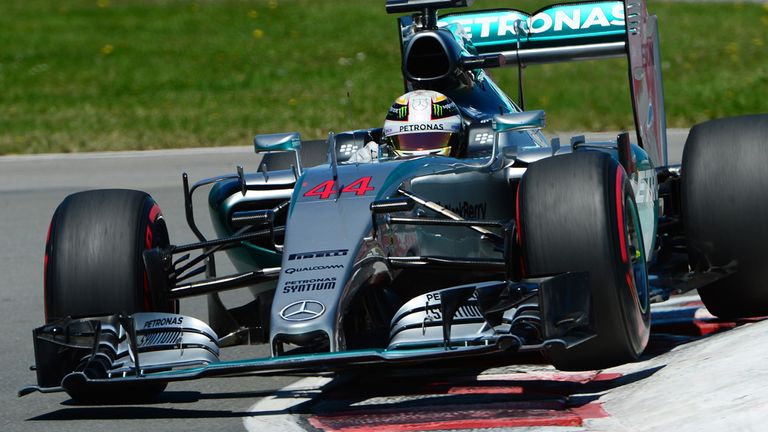 Lewis Hamilton's Mercedes rides the kerbs during Canadian GP qualifying
