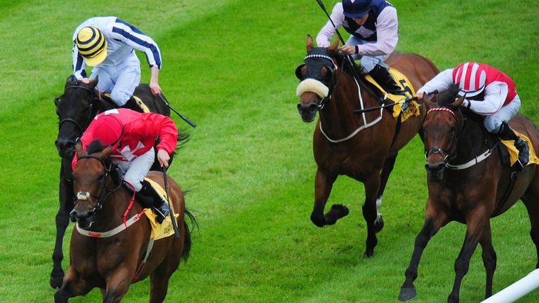 Gordon Lord Byron ridden by Wayne Lordan (left) wins the Dubai Duty Free Dash Stakes during day two of the Irish Derby Festival at the Curragh Racecourse, 