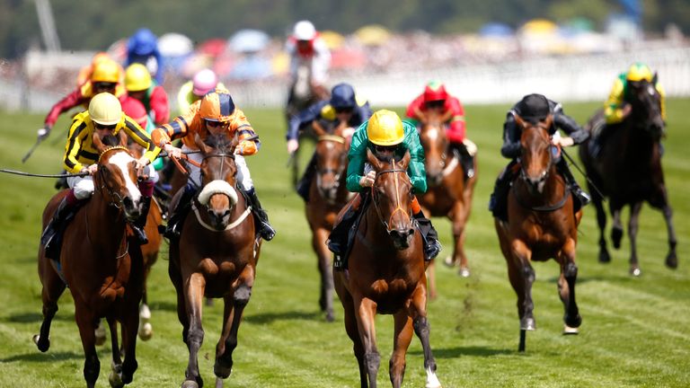 ASCOT, ENGLAND - JUNE 19:  Illuminate ridden by Richard Hiughes (C) wins the Albany Stakes during Royal Ascot 2015 at Ascot racecourse on June 19, 2015 in 