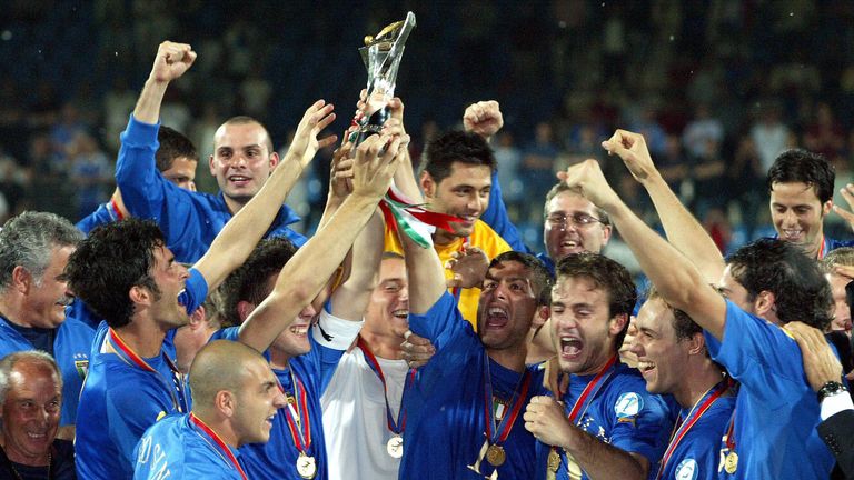 Italy Under-21s side of 2004 celebrate winning their European Championship triumph