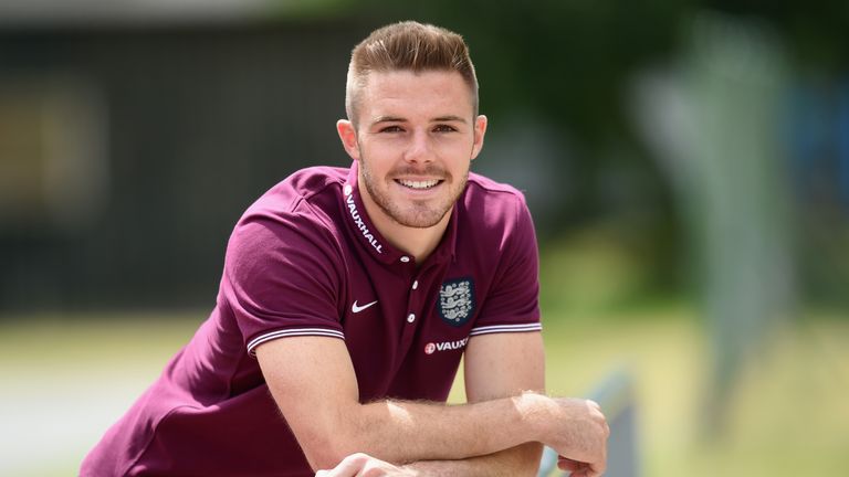 Jack Butland of England poses during a visit to Heyrovskeho School on June 16, 2015 in Olomouc, Czech Republic