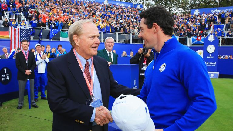 AUCHTERARDER, SCOTLAND - SEPTEMBER 28: Rory McIlroy of Europe shakes with Jack Nicklaus of the United States on the 1st tee during the Singles Matches of t