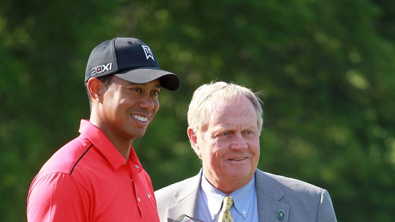 DUBLIN, OH - JUNE 03:  Tiger Woods holds the winner's trophy with Jack Nicklaus following the Memorial Tournament presented by Nationwide Insurance at Muir