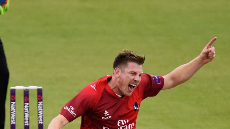 CHESTER-LE-STREET, ENGLAND - JUNE 25:  Lancashire bowler James Faulkner celebrates the wicket of Phil Mustard during the NatWest T20 blast