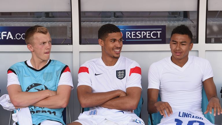 James Ward-Prowse, Ruben Loftus-Cheek and Jesse Lingard of England look on from the bench during the UEFA European Under-21 Championship game v Sweden