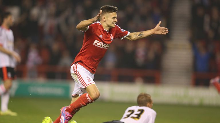 NOTTINGHAM, ENGLAND - SEPTEMBER 17:  Jamie Paterson of Nottingham Fores celebrates after scoring their fifth goal during the Sky Bet Championship match bet