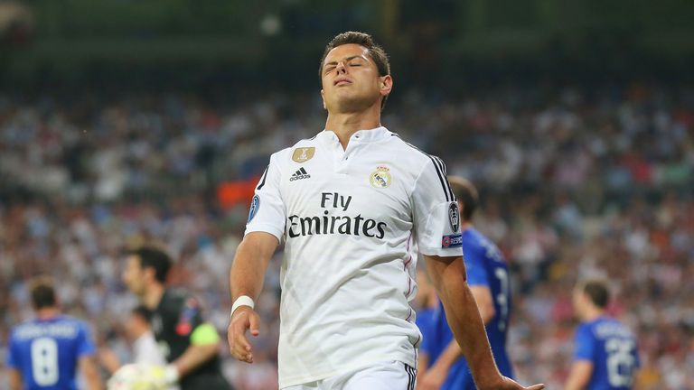 MADRID, SPAIN - MAY 13:  Javier Hernandez of Real Madrid reacts after a missed chance on goal during the UEFA Champions League Semi Final, second leg match