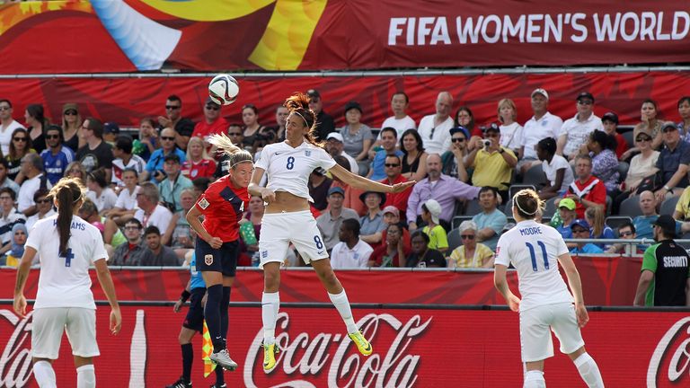 Jill Scott of England heads the ball against Gry Tofte Ims of Norway