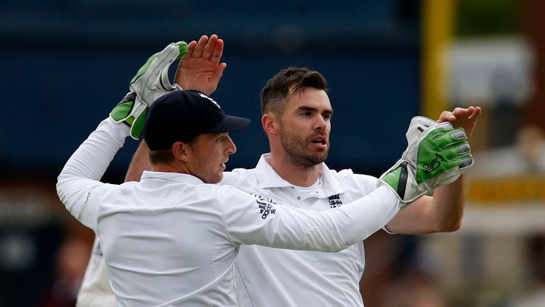 England's James Anderson and Jos Buttler celebrate as New Zealand's BJ Watling is caught out during day four of the Investec Second Test at Headingley