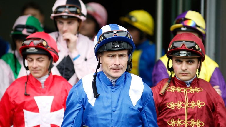 ASCOT, ENGLAND - JUNE 20:  Jockey's Pat Smullen (C) and Andrea Atzeni (R) ahead of the Diamond Jubilee Stakes during Royal Ascot 2015 at Ascot racecourse o