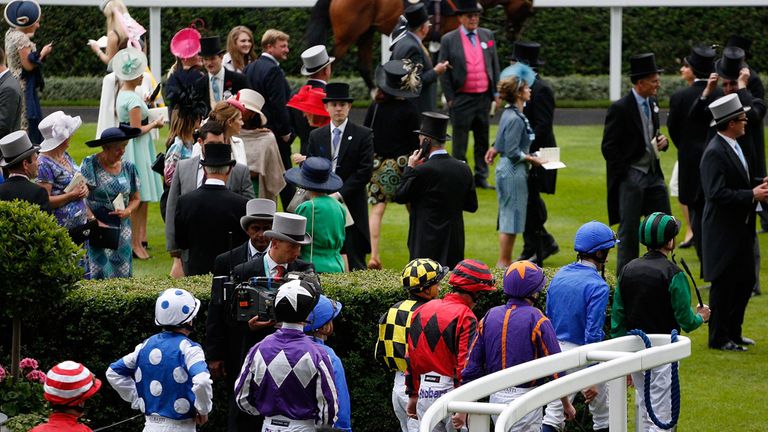ASCOT, ENGLAND - JUNE 20:  A general view of the jockeys ahead of the Queen Alexandra Stakes during Royal Ascot 2015 at Ascot racecourse on June 20, 2015 i